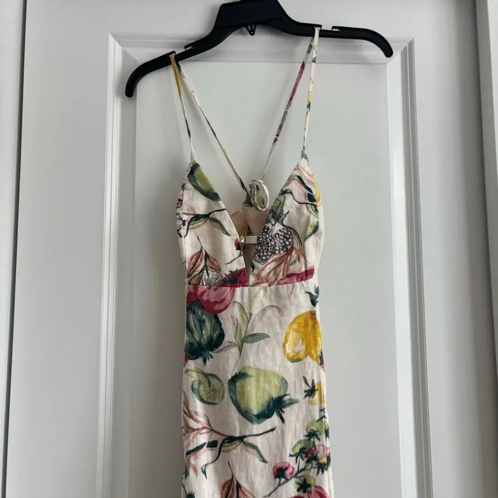 NWT Abercrombie & Fitch Premium Linen Cutout Midi Dress Vegetable Print Medium